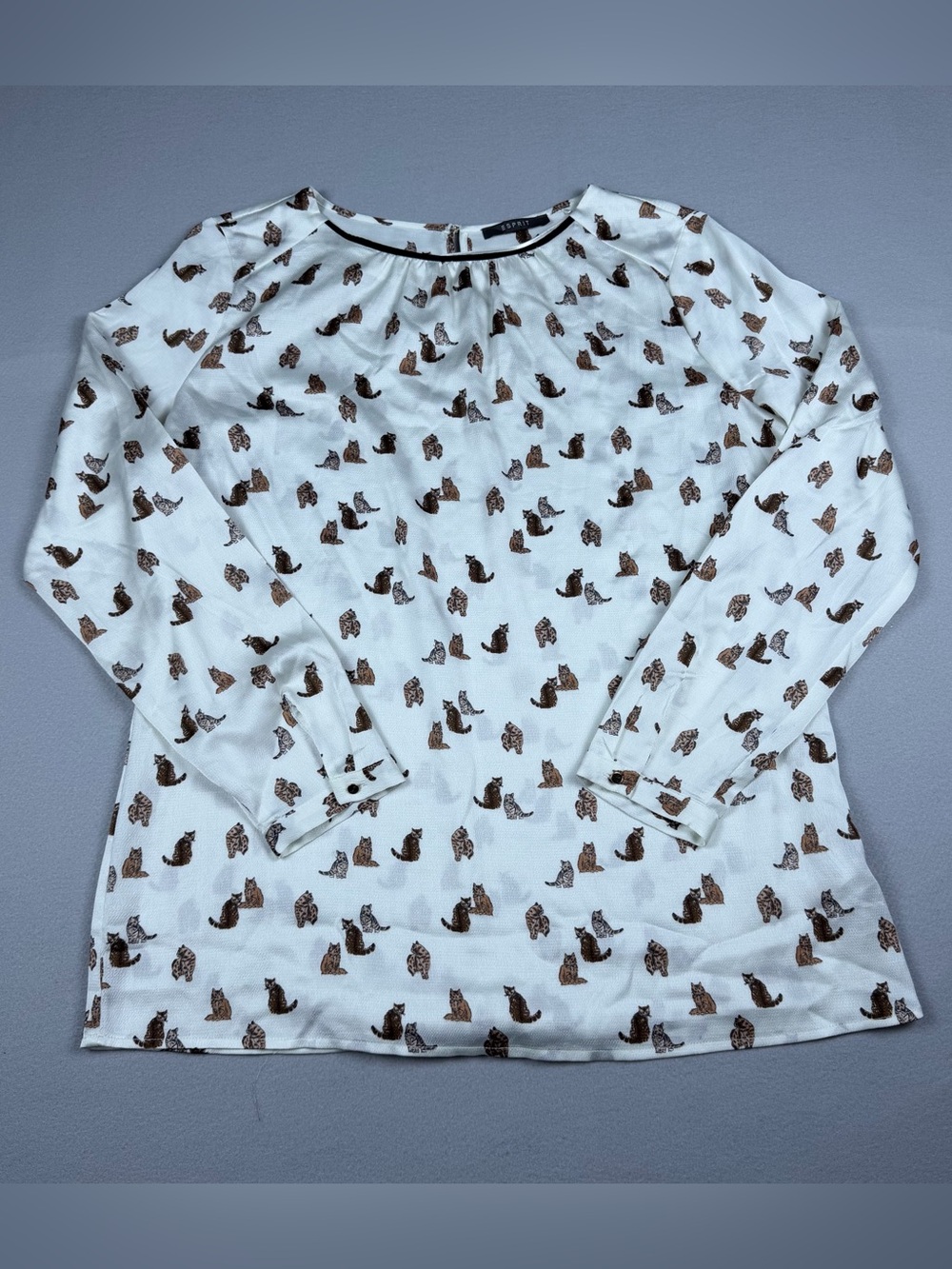 Esprit White Long-Sleeve Blouse with Brown Cat Print